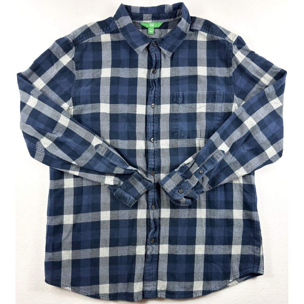 Dip Mens Large Blue Gray Plaid Cotton Flannel Shirt Button Up